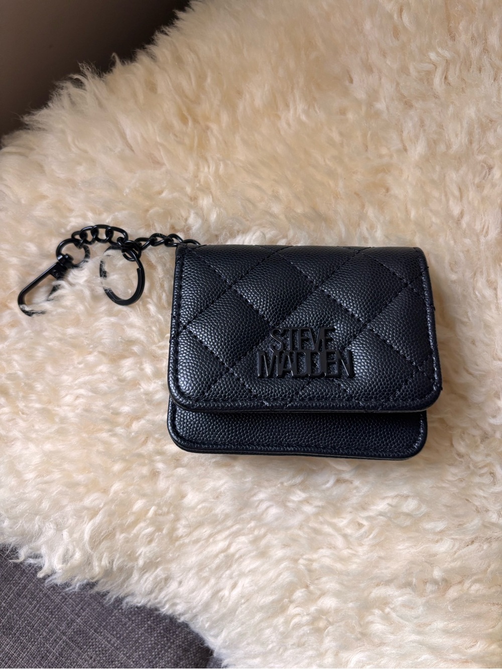 Steve Madden Black Quilted Mini Wallet Keychain